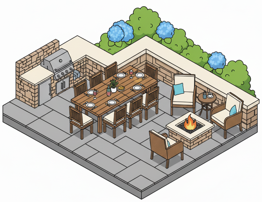 Patio with a built-in grill, 8-person table, firepit, side table, and 3 surrounding chairs