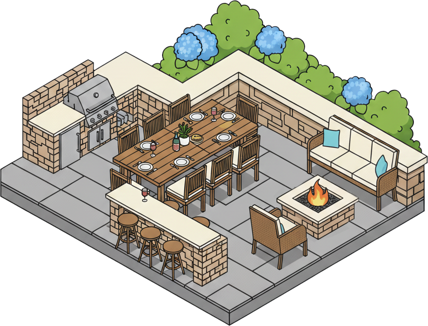 Patio with built-in grill, 5 person bar island, 8-person table, and firepit with chair and couch.