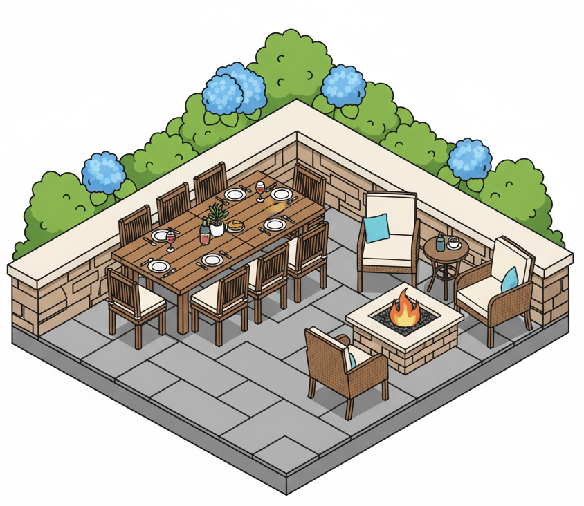 Patio with an 8-person table, firepit, side table, and 3 surrounding chairs